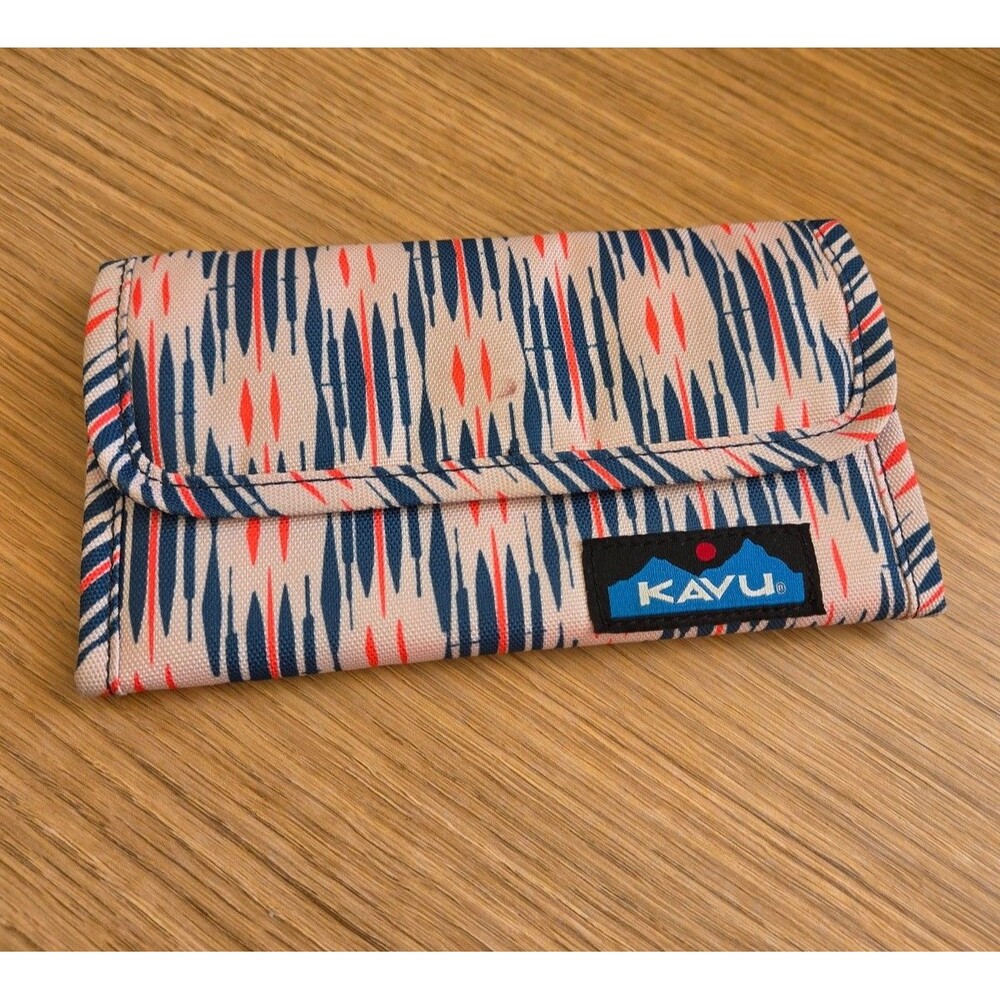 Kavu Tri-Fold Wallet in Geometric Pattern Blue Cream Orange Exterior